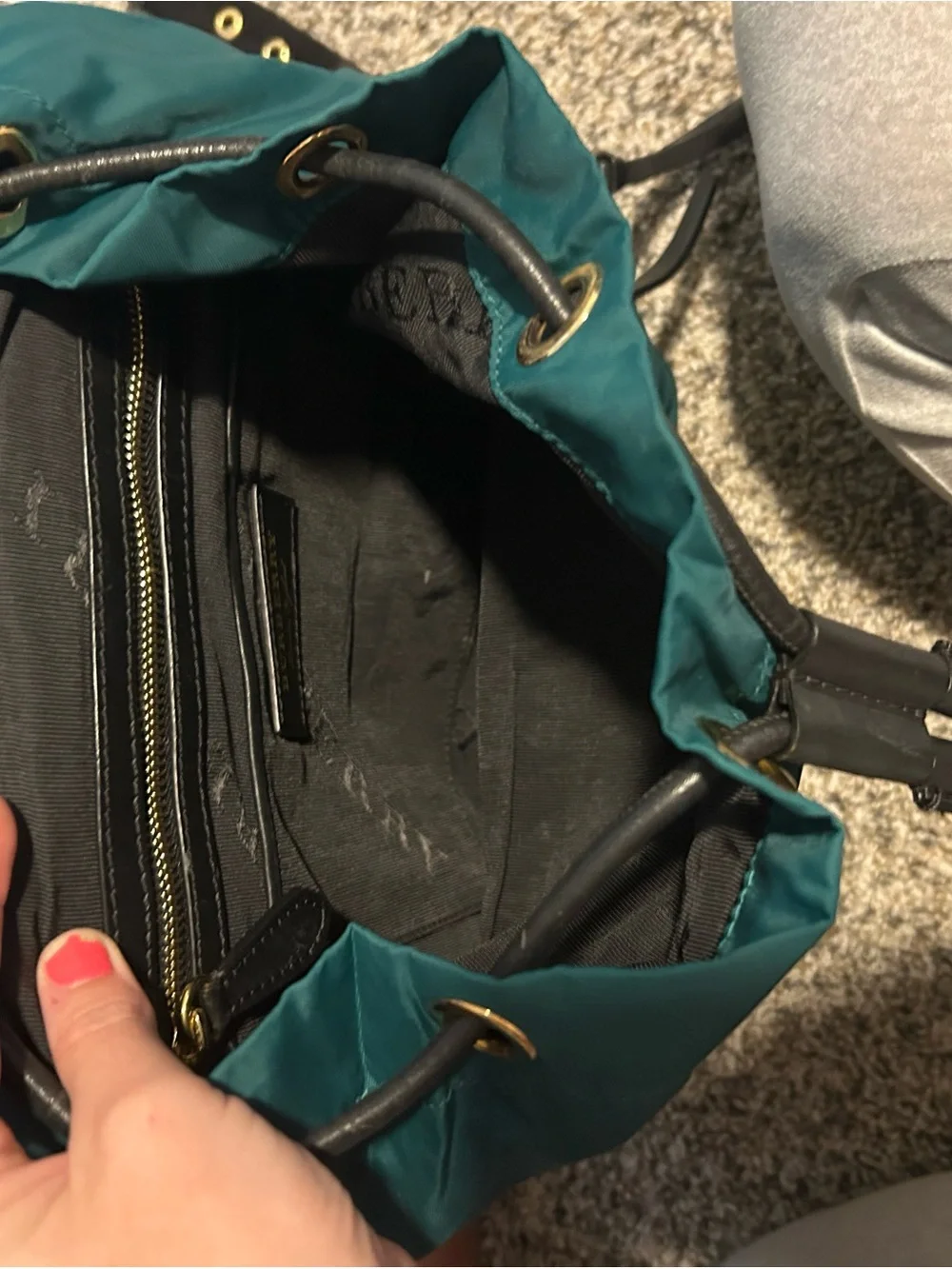 Burberry Green Nylon Backpack with Black Leather Trim and Gold Hardware
